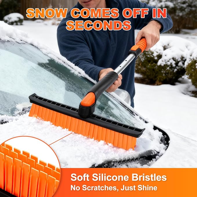 45.7" Extendable Snow Brush and Larger Ice Scrapers for Car Windshield, Scratch-Free Snow Brush with 360° Pivoting Head & Non-Slip Foam Grip, Ice Removal Tool for Car, SUV, Trucks
