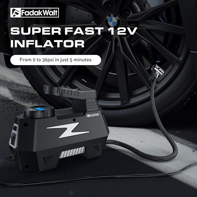 Tire Inflator Portable Air Compressor, 12V DC Car Air Pump with Auto Shutoff, 150 PSI Digital Gauge, LED Light, Metal Valve Connector, Accessories for Cars, Large, Sliver