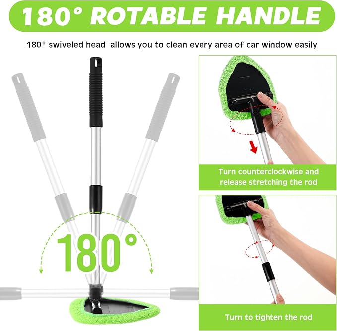 10 Pcs Windshield Cleaner Tool Car Window Cleaning Supplies with Extendable Handle Include 6 Washable Microfiber Bonnets 2 Empty 60ml Spray Bottle Glass Wiper Kit (Green)
