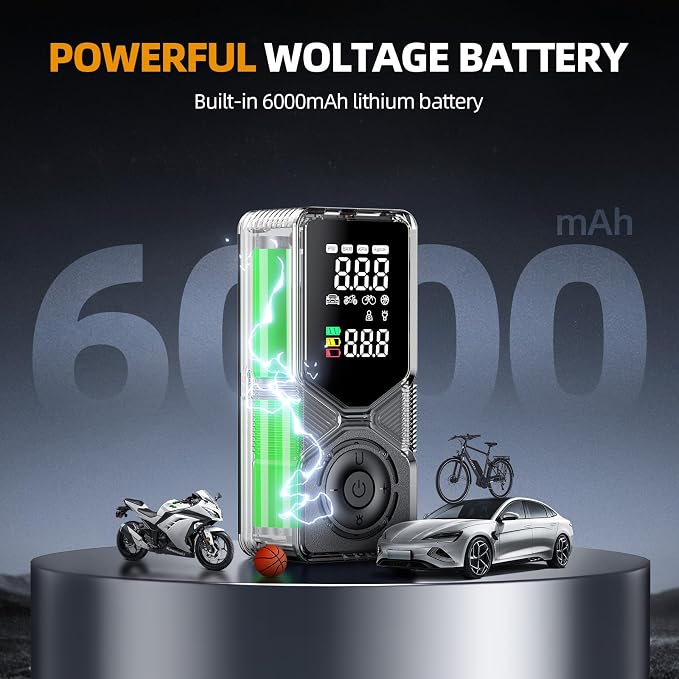 Portable Tire Inflator 150 PSI Cordless Air Compressor | 6000mAh Power Bank, 12V DC Dual Supply, Auto Shut-Off Digital Gauge, Adapters for Car, SUV, Motorcycle, Bike, Ball