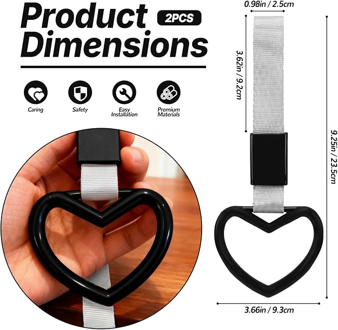 2 Pcs Heart Shaped Car Handle Strap – JD M Drift Charm Rear Bumper Warning Ring Decor for Car Interior Exterior, Subway Bus Handle Accessory, Cute Heart Car Decor Gift for Drivers (Black-Silver)