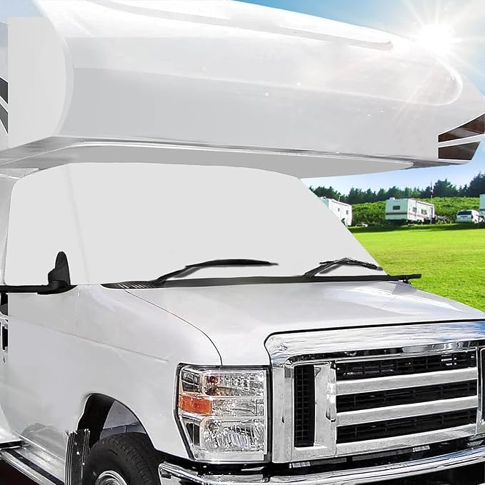 RV Windshield Cover Compatible with Class C Ford 1997-2026, UV Block Offer Complete Privacy with Light Preserves Interior (White Color with Mirror Cutouts)