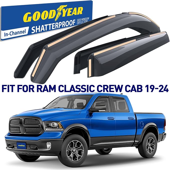 Goodyear Shatterproof in-Channel Window Deflectors for Dodge Ram 1500 Classic 2019-2024 Crew Cab, Rain Guards, Window Visors for Cars, Vent Deflector, Car Accessories, 4 pcs - GY007729