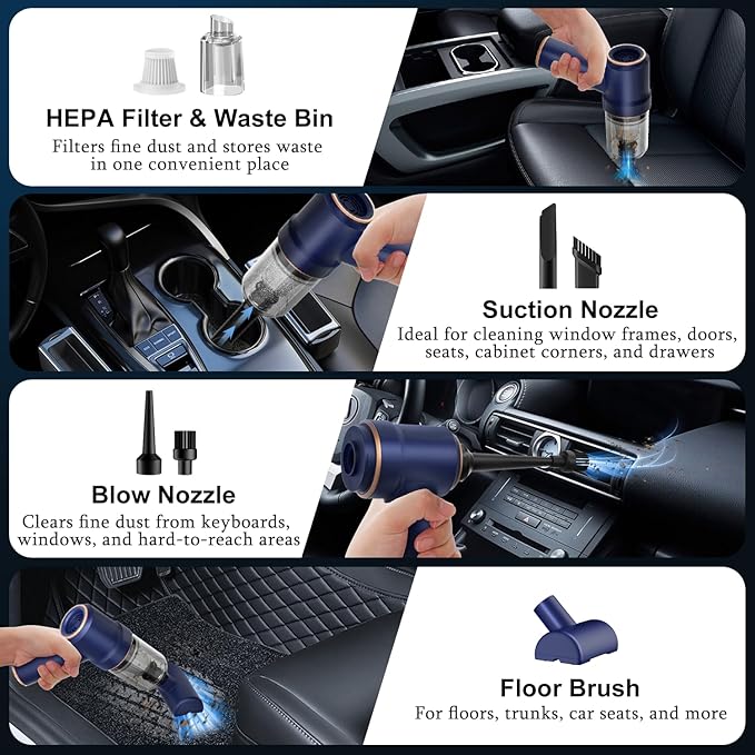 Handheld Car Vacuum Cleaner, 9000Pa Vacuum Cleaner and Air Duster, 120W High Power Hand Held Vacuum with LED Light and Multi-Nozzles for Car, Home, Office, Pet