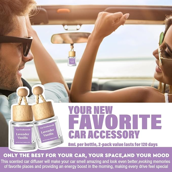 Car Air Freshener Diffuser 2 Pack Hanging Air Freshener Diffuser -Lavender Vanilla Fragrance Oil Air D iffuser for Car, 45+ days Long Lasting Fragrance Made in USA C ar Air Fresheners (L28)