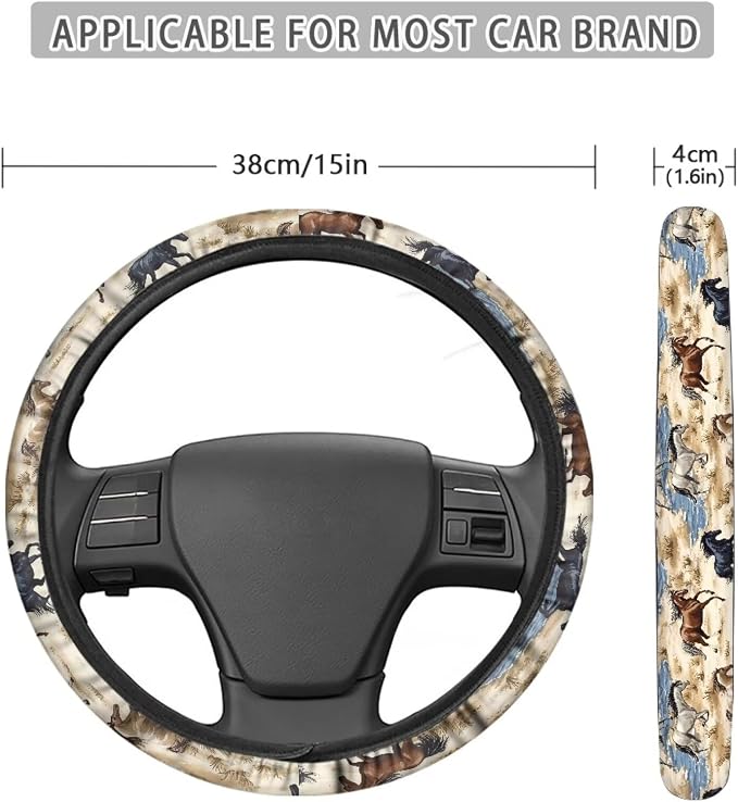 Car Steering Wheel Covers White Sweat Absorption Comfort Grip, Horse Painting Universal 14-15 inch Stretch-on Fabric Keep Warm Steering Wheel Protector for Women