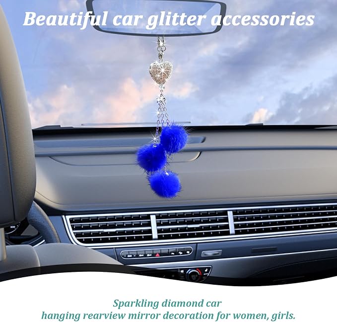 Bling Diamond Heart Car Interior Accessories, Car Mirror Hanging Ornament for Women, Love Heart & Pink Plush Ball Decor Ornament Pendant (Dark Blue)