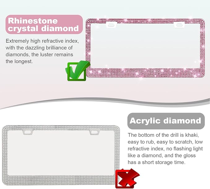 2 Pack Bling License Plate Frames for Women, Sparkly Rhinestone Diamond Car Accessories with Glitter Crystal Caps (Dark Pink)