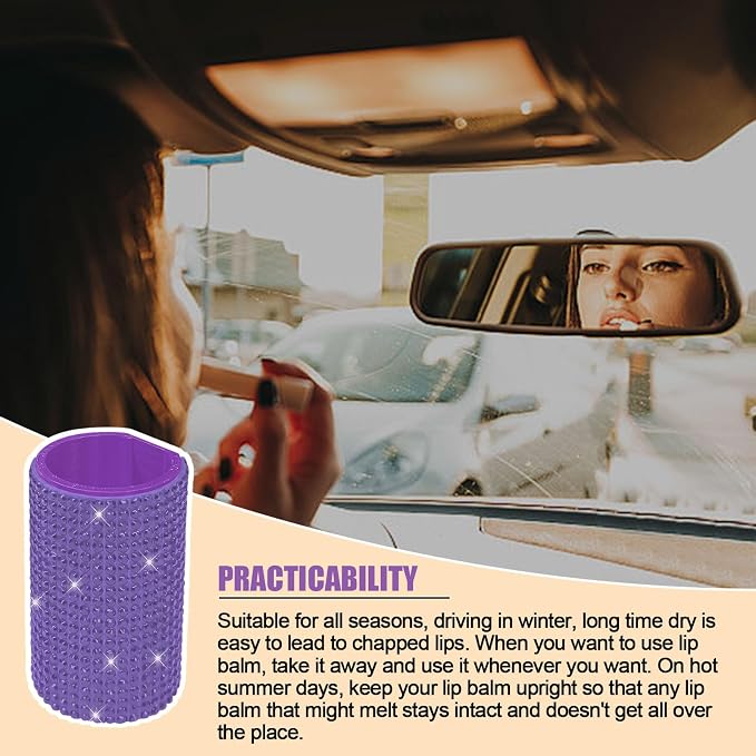Upright Car Chapstick Holder, Bling Insulating Lip Balm Holder,Rhinestone Car Accessories for Women Interior,Suitable for Most Vehicles. (Purple)