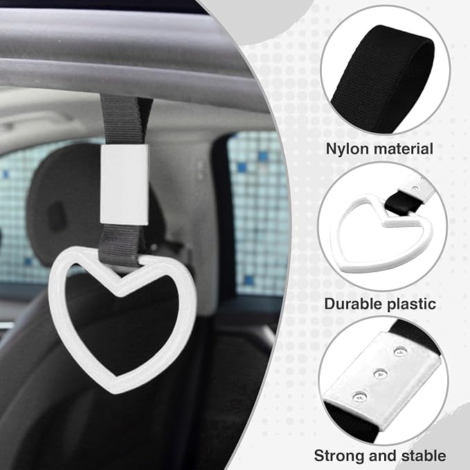 2PCS Heart Shaped Car Handle Straps, Rear Bumper Warning Keychain Ring for Car Exterior Accessories (White)