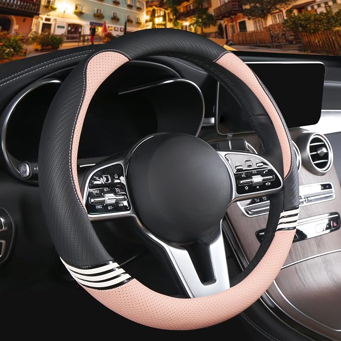 14 inch Cute Steering Wheel Cover for Women Men Faux Leather and Carbon Fiber,Black and Pink