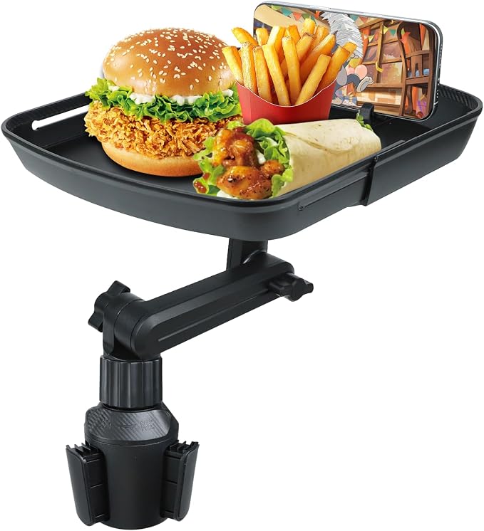 Car Cup Holder Tray Table, 360° Adjustable Car Food Tray with Phone Slot & Swivel Arm, 3 in 1 Detachable Vehicle Cup Holder Expander for Eating, Universal Road Trip Essentials
