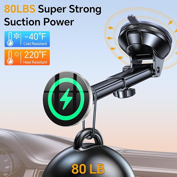 for MagSafe Car Mount Charger【Ultra Magnet】 Magnetic Phone Holders for Your Car Charger【Windshield+Vent+Dash】 Magnetic Wireless Car Phone Holder Charger Car Mount for iPhone 17 (Gray)