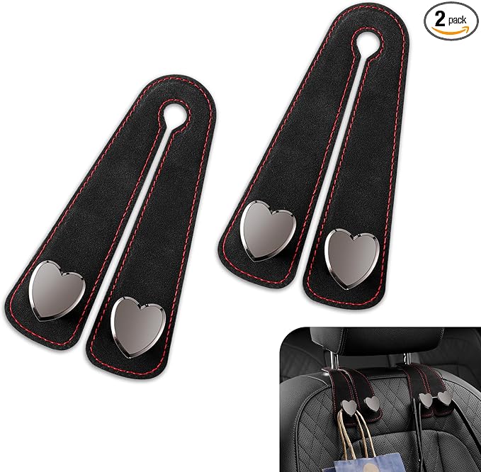 2 PCS Car Seat Headrest Hook, Car Hooks for Headrest, Storage Double Heart Shape Hooks, Suede Foldable Soft Hook Organizer, Universal for Cars (Black)