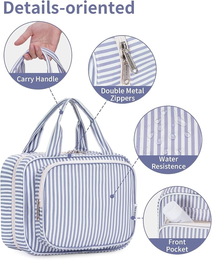 Striped Hanging Toiletry Bag for Women Travel Makeup Bag Organizer Toiletries Bag for Travel Size Essentials Accessories Cosmetics (Greyish Blue Stripe (Medium))
