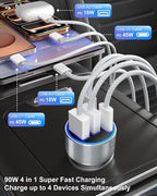 90W Car Charger USB C, Dual 45W Super Fast Charging Car Phone Charger | Multi Port QC/PD 3.0, Cigarette Lighter USB Charger, 12V-24V USB Outlet Adapter Plug for iPhone 17 16 15 14 Samsung Android