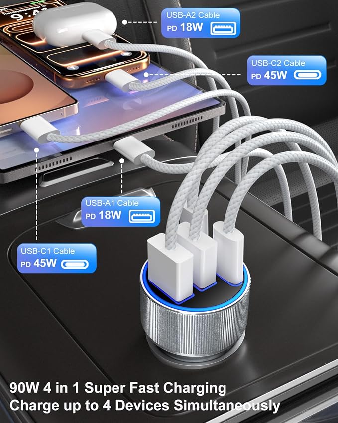 90W Car Charger USB C, Dual 45W Super Fast Charging Car Phone Charger | Multi Port QC/PD 3.0, Cigarette Lighter USB Charger, 12V-24V USB Outlet Adapter Plug for iPhone 17 16 15 14 Samsung Android
