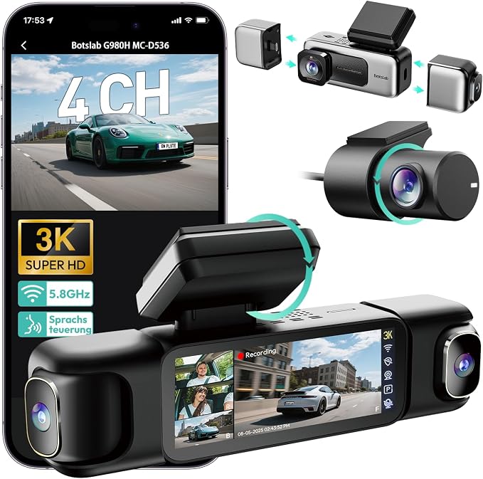 4 Channel Dash Cam 3K Front and Rear Inside 560° Coverage with Magnetic Side Cameras Car Camera with 3.18”Touch Screen 24/7 Parking Mode 5.8GHz WiFi GPS Voice Control (No SD Card)