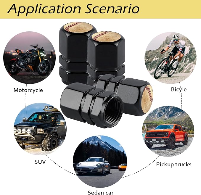 4Pack Baseball Tire Valve Caps Universal Tire Air Cap Valves Stem Covers | Aluminum Alloy Rust-Proof Valve Stem Caps,for Auto SUV Truck Motorcycle Bicycle,Baseball Gifts Decor for Women Men Drivers