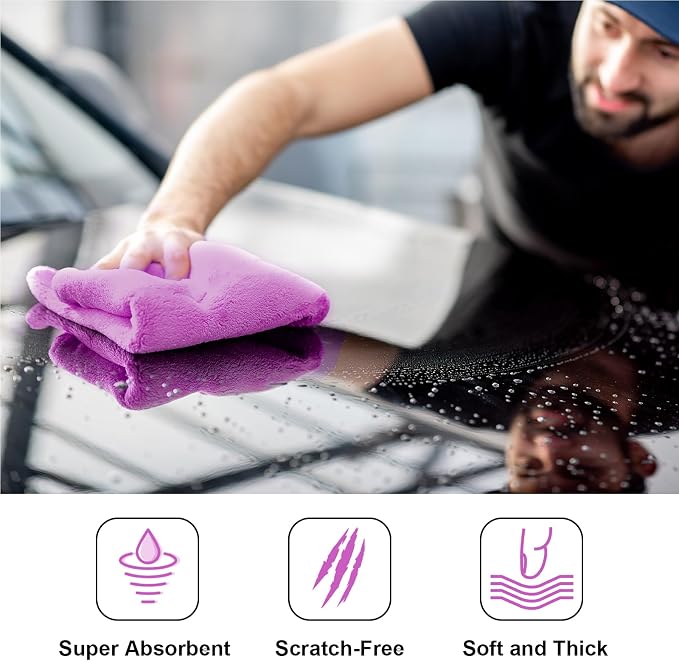 30 Pcs Edgeless Microfiber Plush Towels for Cars Detailing Drying Wash Polishing Absorbent Cleaning Cloths, 500 GSM (16 x 16 Inch,Purple)