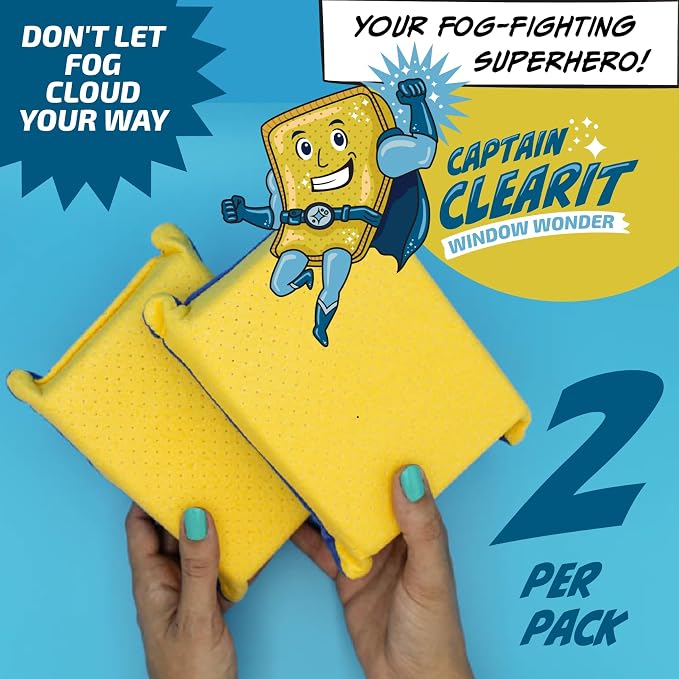 Captain Clearit Window Cleaner Sponge for Windshields, 2 Pack | Car window cleaner tool, non-scratch sponge for fog, steam, condensation, mirrors, glass, boats and bathroom surfaces