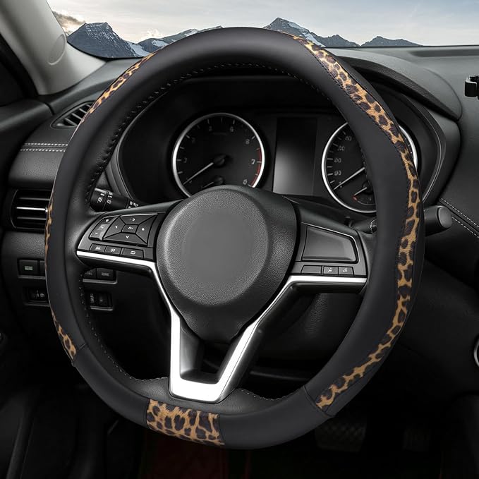 Leopard Print Steering Wheel Cover, D Shaped Car Wheel Cover Microfiber Leather 14 1/2-15 in (37-39 cm)
