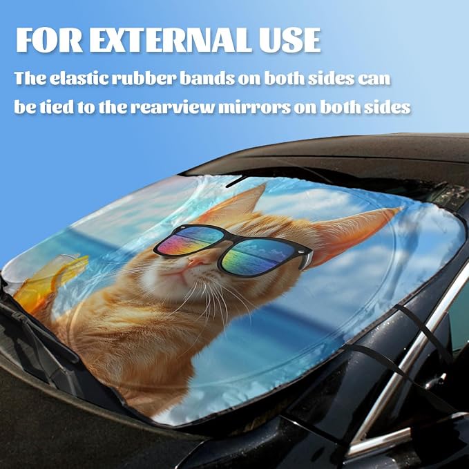 Beach Cat Car Window Sun Shield Funny Cool Summer Animal Kitten Front Window Sun Shade Block UV Rays Sun Shade Visor Protector for Sedan Truck SUV Accessories 59" L x 31.5" W