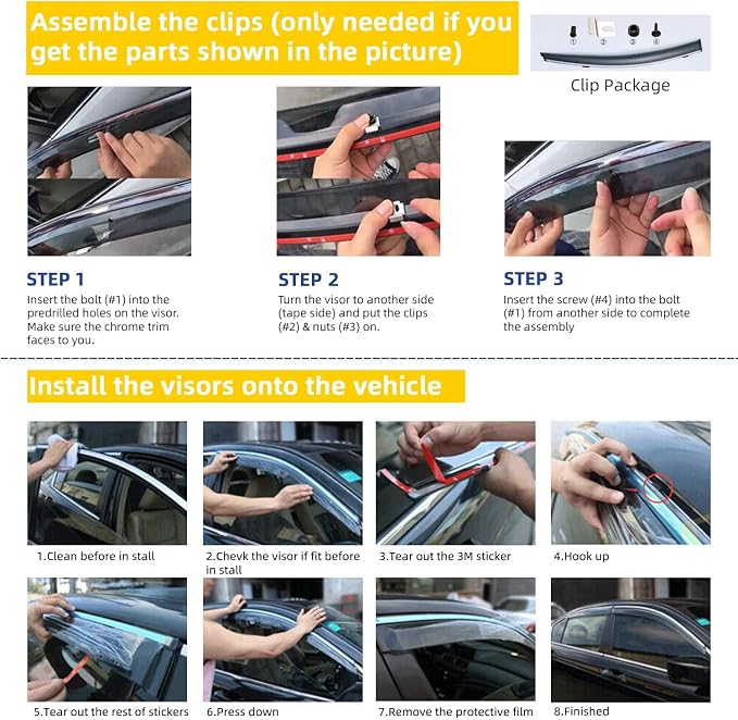 Window Visors Compatible with 2008-2012 Accord Sedan 4-Door Smoke Tint with Chrome Trim Outside Mount Tape On/Clip On Style PVC Wind Sun Rain Guard Vent Deflector