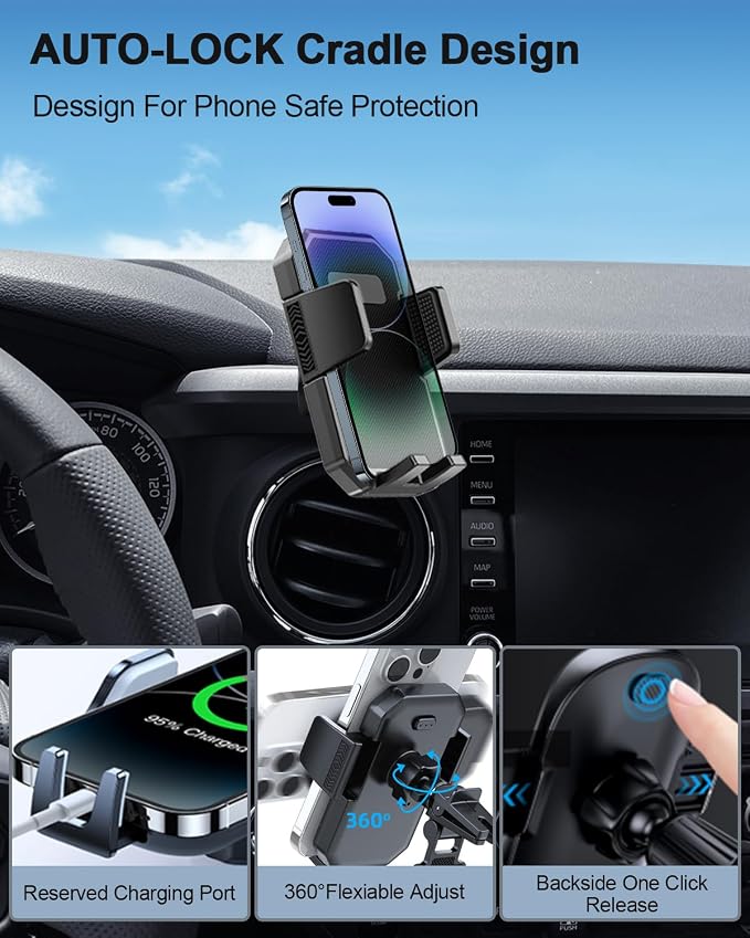 PZK Car Phone Holder for Toyota Tacoma 2016-2023 Accessories Custom Vent | 3rd Gen Tacoma Car Phone Mount Auto Lock Fixed Clip Hands Free 360° Rotation Phone Cradles for All 4.0-7.0'' Smartphones