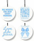 Blue Christian Round Car Air Freshener 4 Pcs, Girly Blue Bow Floral Religious Hanging Air Freshener for Cars Closet Drawer Books, Cute Preppy Christian Car Accessories Mirror Decor for Women