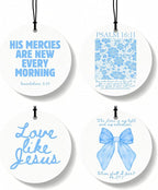 Blue Christian Round Car Air Freshener 4 Pcs, Girly Blue Bow Floral Religious Hanging Air Freshener for Cars Closet Drawer Books, Cute Preppy Christian Car Accessories Mirror Decor for Women