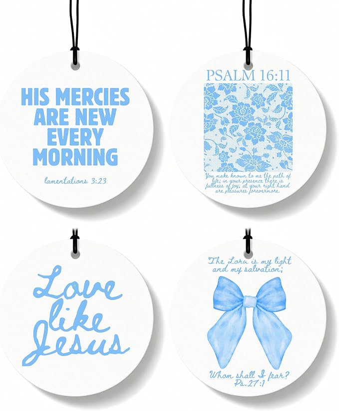 Blue Christian Round Car Air Freshener 4 Pcs, Girly Blue Bow Floral Religious Hanging Air Freshener for Cars Closet Drawer Books, Cute Preppy Christian Car Accessories Mirror Decor for Women