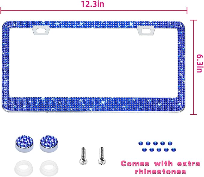 Bling License Plate Frame for Women, 1PCS Sparkly License Plate Frames| Over 1200 pcs 14 Facets Bedazzled Clear Glass Diamond Rhinestone Crystals w/Free Glitter Diamond Box (Dark Blue)