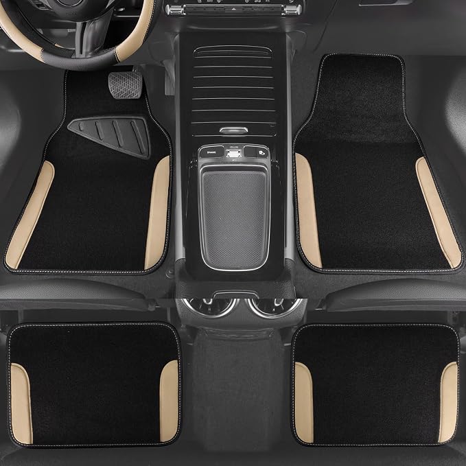 Faux Leather Steering Wheel Cover and Waterproof Car Floor Mats,Universal Car Combo Fit for 95% Sedan,SUV,Cars,14.5-15inch Sporty Anti-Slip Safety Comfortable Design(Black＆Beige)