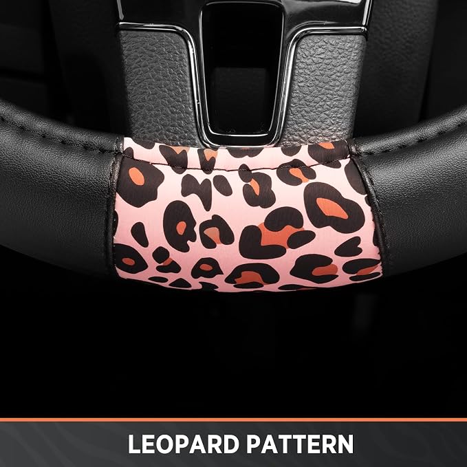 Steering Wheel Cover - Made with PVC Leather and Leopard Fabric - Universal 14 1/2 inches to 15 inches for Most Automotive Steering Wheel - Cheetah Print - Pink Leapord