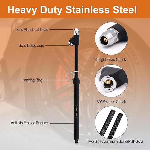Tire Pressure Gauge Heavy Duty Air Pressure Tire Gauge, Straight-on Foot Dual Head Chucks, Frosted Black, 10-150PSI 100-1000KPa for Semi Truck Car RV Van (1)