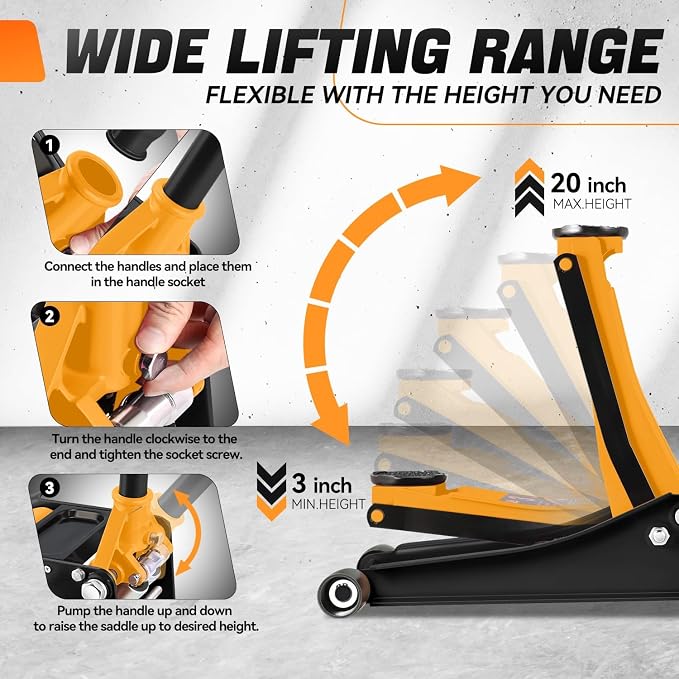 3 Ton Low Profile Floor Jack, Heavy Duty Steel Hydraulic Car Jack with Dual Pistons Quick Lift Pump, Hydraulic Racing Floor Jack, Lifting Range 3" to 20", Orange