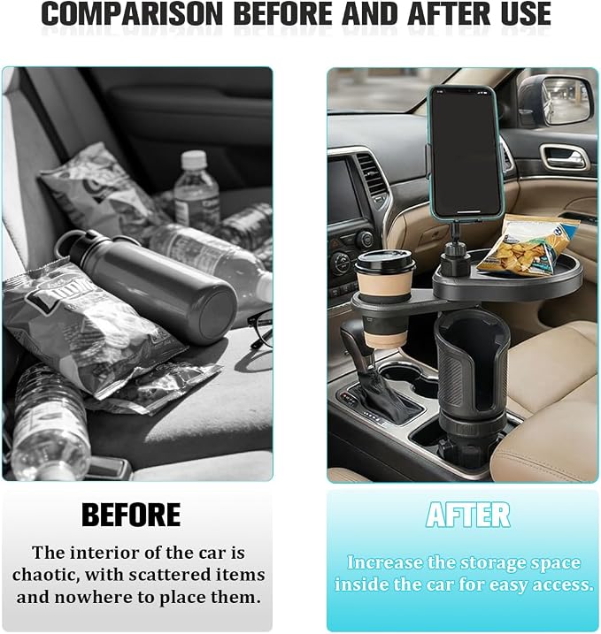 Car Cup Holder Tray, 3 in 1 Multifunctional Vehicle Food Water Bottle Phone Holder Expander Adapter with Adjustable Base, Detachable Auto Interior Food Tray Table, Universal Fit (Carbon Fiber)