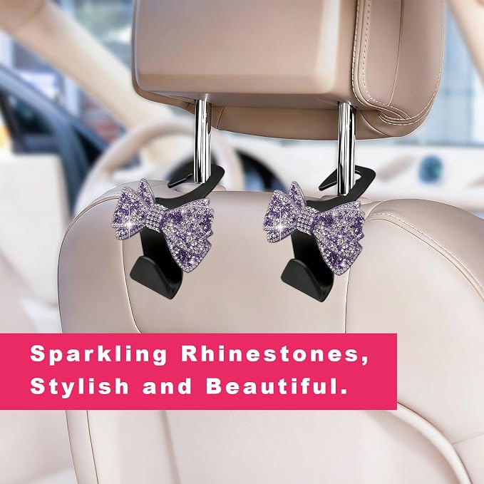 2PCS Bling Bow Car Seat Headrest Hooks, S-Type Crystal Auto Rear Seat Organizer for Handbags Purses Groceries, Cute Rhinestone Bow Seats Back Storage Hook for SUV Truck Sedan (Purple)