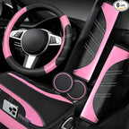 6 Pcs Pink Car Accessories Set, Sport Leather Steering Wheel Cover 14.5-15inch Universal, Microfiber Leather Car Center Console Cover, Seat Belt Cushion, Cup Holder Coaster (Black-Pink)
