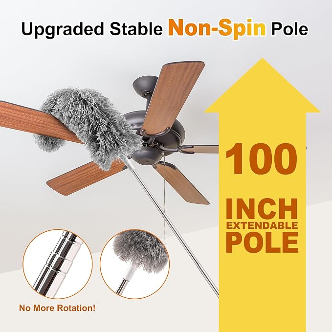 Microfiber Feather Duster 5-in-1 Kit, Dusters for Cleaning, Duster with Extension Pole 100 Inches, Cobweb Duster, Microfiber Dusters for High Ceilings and Fans, Blinds, Cars and Furniture