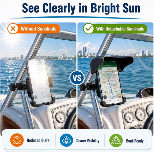 1 Pack Boat Phone Holder, Marine Cell Phone Holder with Sunshade, Black 360 Degree Adjustable Knob Crab Clamp, Smartphone Accessory for Boat Rail, Car, Cycling, Pontoon and Outdoor Use