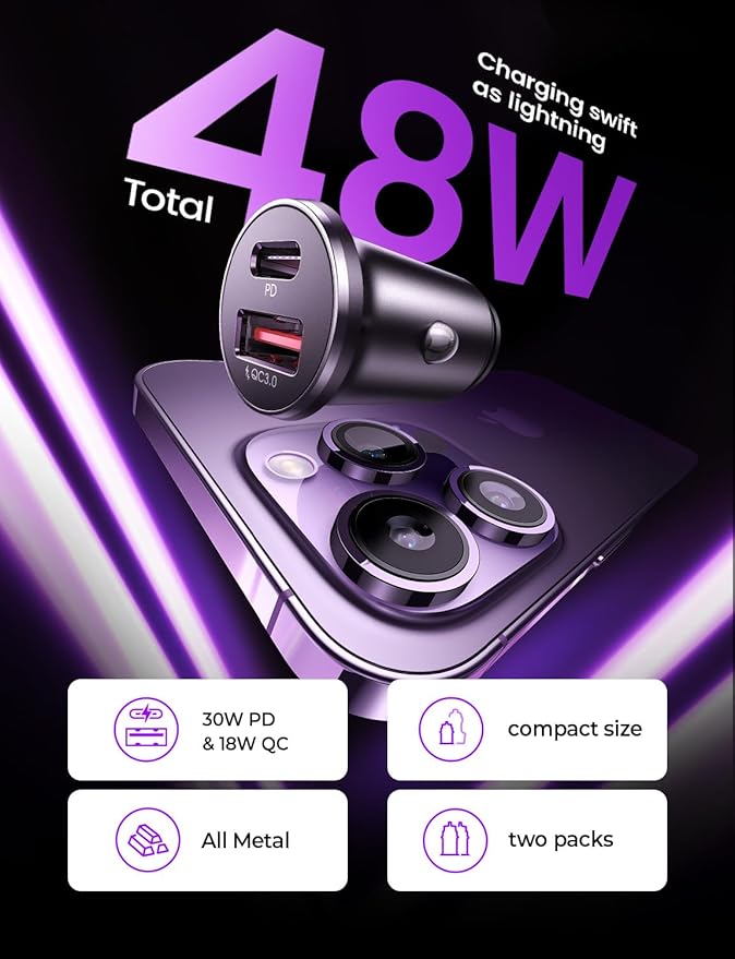 54W Car Phone Charger USB C, Cigarette Lighter Adapter, Car Accessories for iPhone, USB C Car Charger Adapter USBC Type C 12v, Fit for iPhone 16, 15, 14, 13 Samsung Google iPad Android, Blue | Cigarette Lighter USB Charger, Car Accessories for Me...