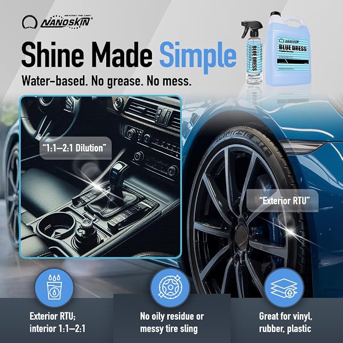BLUE DRESS Premium Dressing - Sprayable Interior & Exterior Dressing| Works on Tire, Vinyl, Rubber, Plastic & Trim | Safe for Cars, Trucks, Motorcycles, RVs, Light Blue, 128 Fl Oz (Pack of 1)
