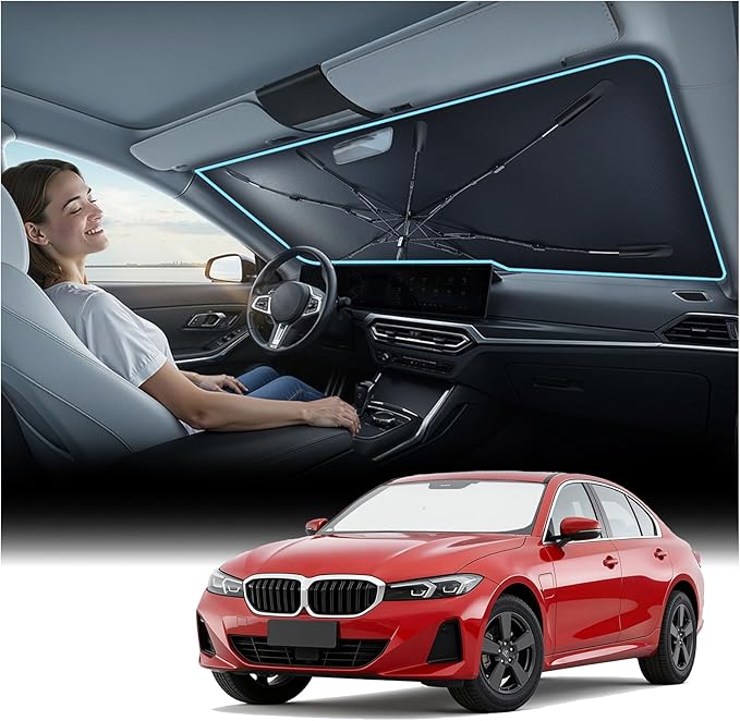 Windshield Sun Shade Umbrella for BMW - [Vinyl Coating Heat Shield] Protect Car from Sun Rays & Heat Damage Keep Cool and Protect Interior CX01-N2-T-BMW