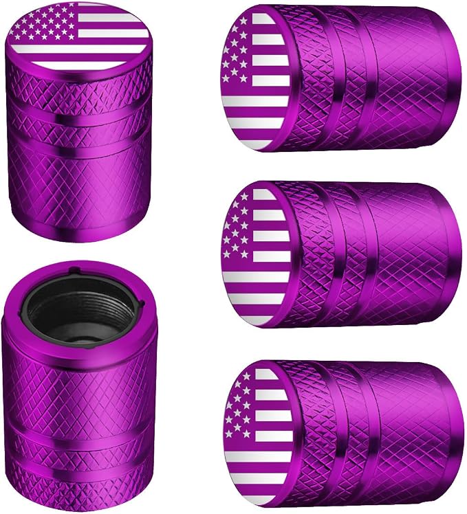 American Flag Tire Valve Stem Caps - (5 Pack) Metal Air Caps with Plastic Liner, Corrosion Resistant, Leak-Proof, Universal Stem Covers for Cars Trucks Motorcycles and Bikes - Purple