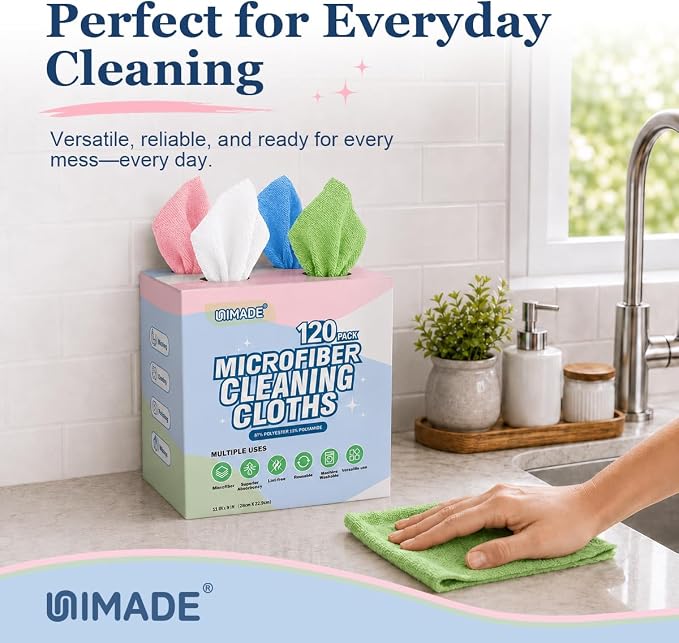 Microfiber Cleaning Cloth, 120 Pack Reusable Paper Towels Microfiber Towels for Cars Lint Free Shop Rags with for Home Kitchen Automotive, 11"x 9", White & Green & Blue & Pink