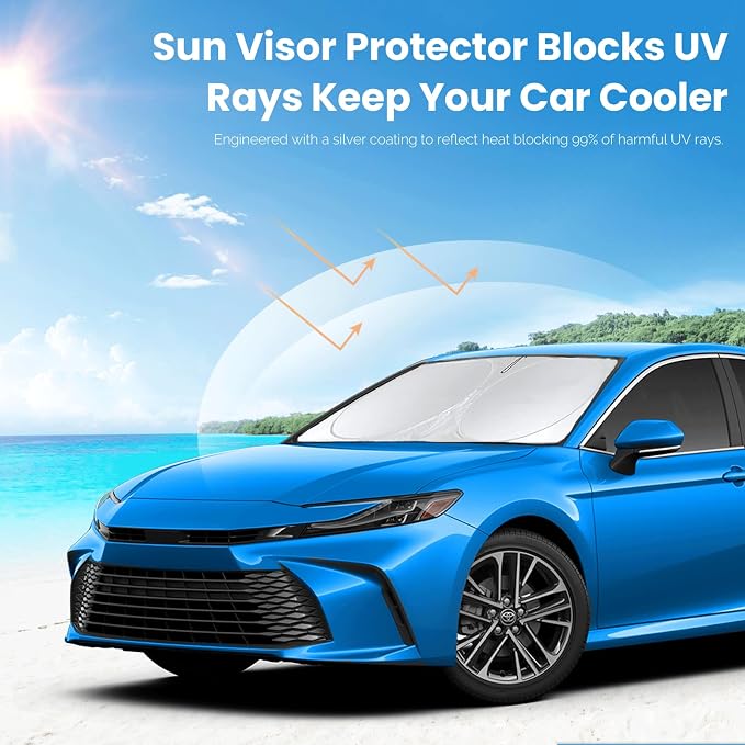 Sun Shade for 2007-2017 Toyota Camry Accessories, Foldable Front Window Shield for Camry LE XLE Hybrid SE XSE Sedan 240T Windshield Sun Visor Protector Fully Covered to Keep Car Cool