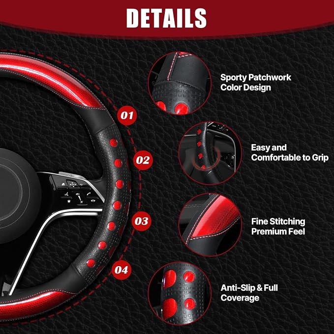 Hiseanllo Car Steering Wheel Cover, 14.5-15 Inch Universal Fit, Sporty Anti-Slip Leather Steering Wheel Protector with Glossy Color Accent, Comfortable Grip for Cars, SUVs, Trucks(Red)