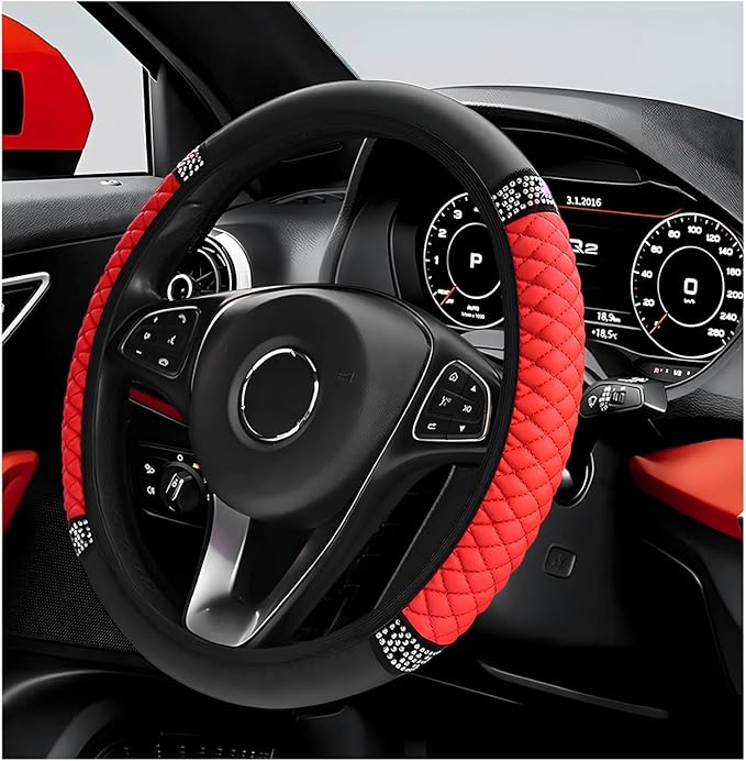 Bling Car Steering Wheel Cover, 15 Inch Sparkly Rhinestone Soft Leather Steering Wheel Protector, Non-Slip Universal Auto Elastic Steering Wheel Covers for Women Girls (Red)
